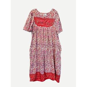 Daffodil Floral Boho Empire Waist Dress Pink Red Cottagecore Midi Women's S M